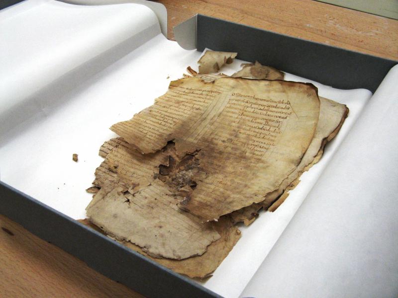 1. A box of manuscript fragments of Ms. 15. Their crumbling state prohibits any treatment.